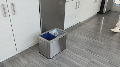 Brushed Silver Stainless Steel Dual Compartment Trash and Recycle Bin