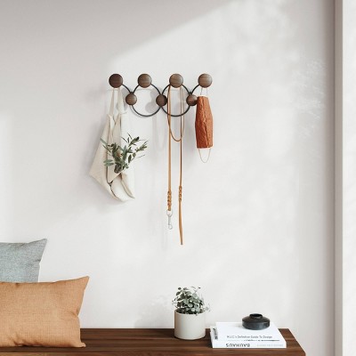 Black and Walnut 7-Hook Wall Mount with Circular Design
