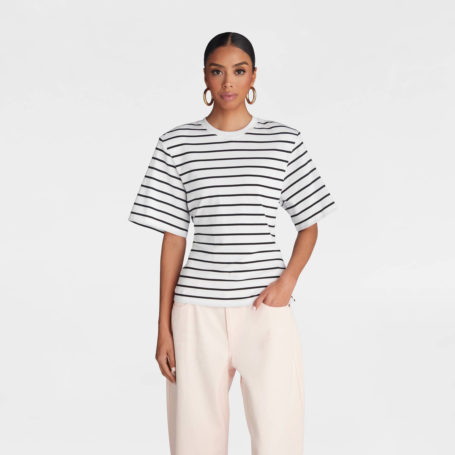 KBB by KAHLANA Women's Short Sleeve 'The Nipped Waist T-Shirt' - Black Striped