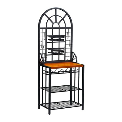 SEI Furniture Kitchen Dome Bakers Rack Storage Organizer for 5 Wine Bottles with 2 Fixed Shelves, 2 Nesting Baskets, and 6 Utility Hooks
