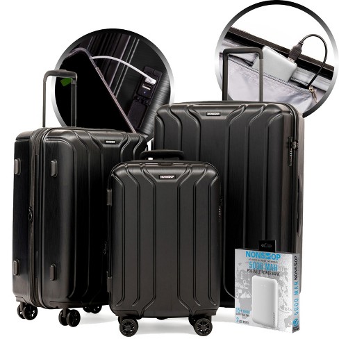 Nonstop New York 3 Piece Set (20 24 28) 4-Wheel Luggage Set + PowerBank  & 2 packing cubes, Black