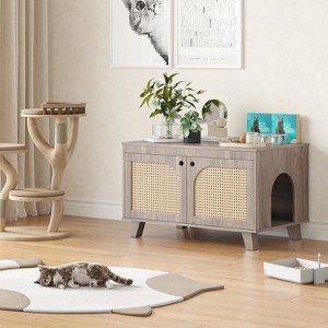 ORRD Flip Top Hidden Cat Litter Box Enclosure Furniture Cabinet with Rattan Decorated Doors for Your Home, Two Entrances - 1 of 4