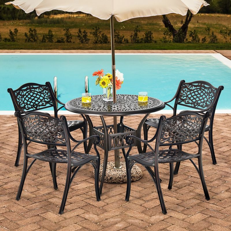 Costway 5 PCS Patio Dining Bistro Sets Cast Aluminum Round Patio Table W/Chairs, 2 of 10