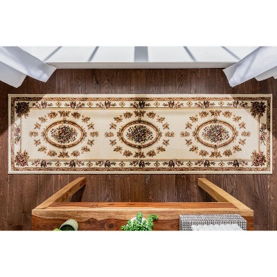 Ivory and Beige Synthetic Floral Medallion Runner Rug
