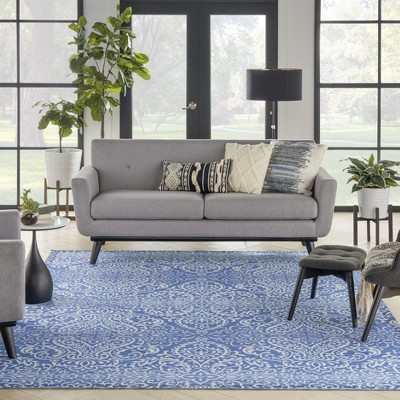 Waverly Blue Damask Washable Synthetic Area Rug, 8' x 10'