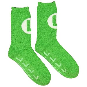 Bioworld Super Mario Bros. Green Luigi Logo Cozy Adult Crew Socks - 1 of 2