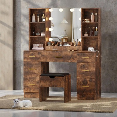 Makeup Vanity Desk with Lighted Mirror, 7 Drawers, Charging Station & Cushioned Storage Stool, Wood Dressing Table with 4 Open Shelves