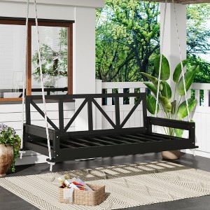 GDFStudio Joe Patio Acacia Wood Twin Size Porch Swing Bed with 16.4ft Hemp Ropes - 1 of 4