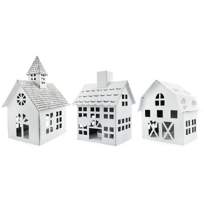 AuldHome Design Farmhouse Candle Lantern Christmas Village, 3pc Set, White Rustic Holiday Votive Holders