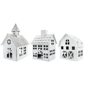 AuldHome Design Farmhouse Candle Lantern Christmas Village, 3pc Set, White Rustic Holiday Votive Holders - 1 of 4