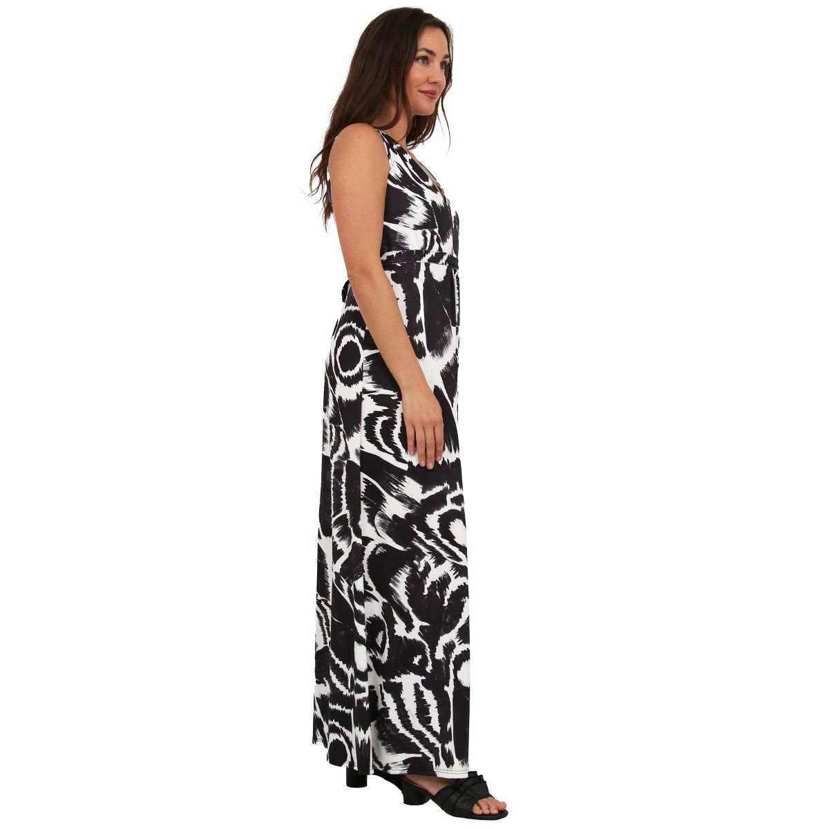 Womens Essential Abstract Print V Neck Sleeveless Tie Back Empire Waist Maxi Dress - 24seven Comfort Apparel™ - thumbnail 2