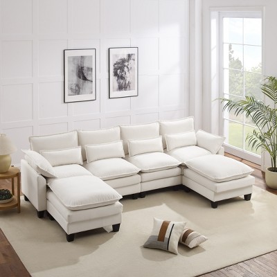 MYINDA 124'' Modern Velvet U-Shaped Sofa, 4-Seater Combo Sofa with Removable Legs for Living Room