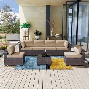 ALAULM Patio Furniture 7 Pieces Outdoor Sectional PE Rattan Sofa Set Brown Manual Wicker Patio Conversation Set - 1 of 4