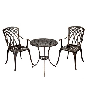 3-Piece Outdoor Bistro Set, Cast Aluminum Chairs & Table with Umbrella Hole, Adjustable Feet for Garden - 1 of 4
