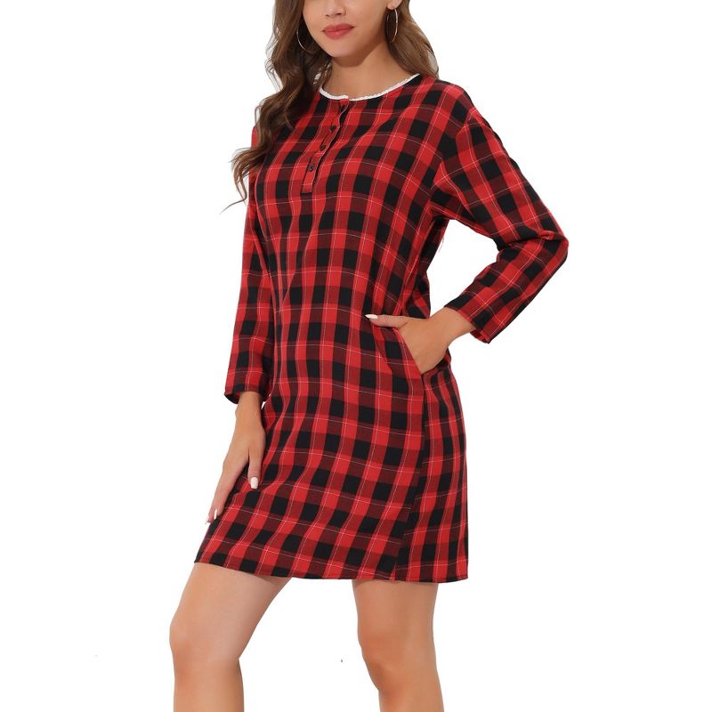 cheibear Womens Nightgown Sleepshirt with Pockets Lounge Sleepwear Plaid Pajama Dress, 1 of 6