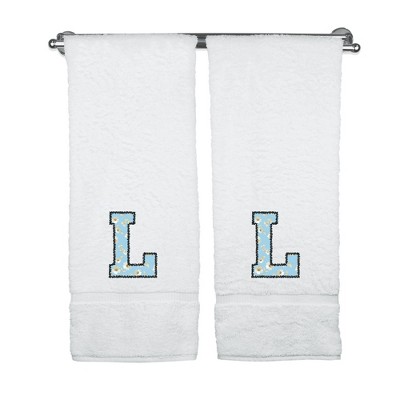 BC BARE COTTON Monogrammed Towels, Personalized Gift, Set of 2 - Embroidered Writing with Light Blue