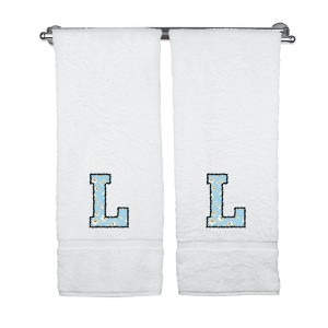 BC BARE COTTON Monogrammed Towels, Personalized Gift, Set of 2 - Embroidered Writing with Light Blue - 1 of 4
