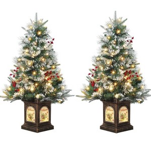 Clearance! 3 FT Artificial Pre-Lit Christmas Tree with Deer Lightbox, Vintage Potted Base, Snow Flocked, Easy Setup - 1 of 4