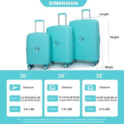 Vynxaria Lake Blue PP Hardshell 3-Piece Suitcase Set 20/24/28" Double Spinner Wheels TSA Lock