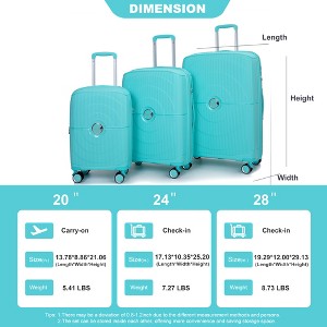 Vynxaria Lake Blue PP Hardshell 3-Piece Suitcase Set 20/24/28" Double Spinner Wheels TSA Lock - 1 of 4