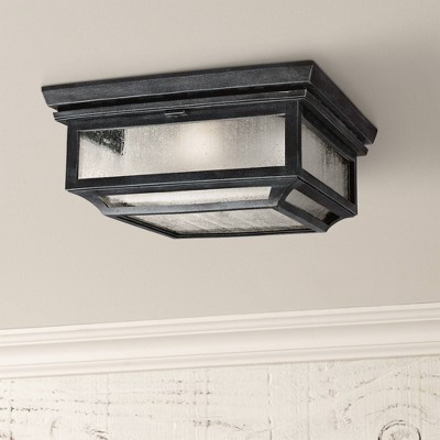 Rustic Dark Weathered Zinc 2-Light Outdoor Flush Mount with Opal Etched Glass