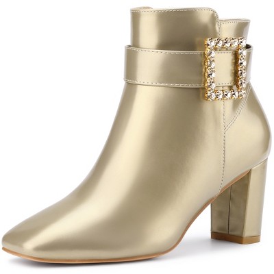 BLISSFUL STEP Women's Square Toe Chunky Heel Rhinestone Buckle Decor Ankle Boots