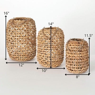 Natural Woven Rattan Hanging Lantern Set of 3, Brown