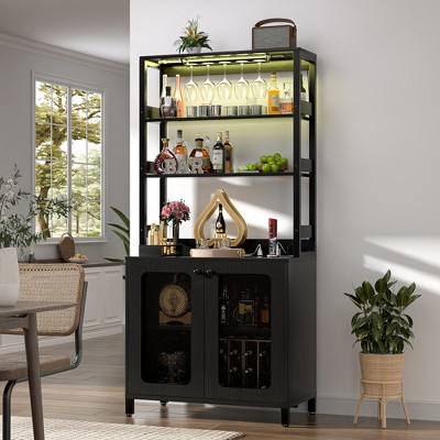 Aheaplus Wine Bar Cabinet with LED Light and Power Strip