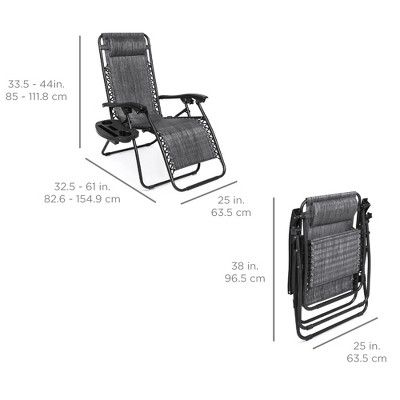 Set of 2 Gray Zero Gravity Patio Loungers with Cup Holder Trays