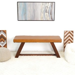 Tan Genuine Leather Upholstered Bench with Solid Wood Legs and ...
