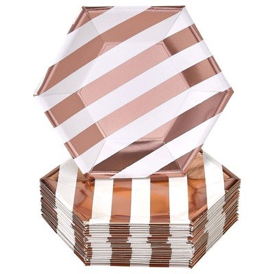 Silver Spoons Elegant Disposable Hexagon Plates for Party, Heavy Duty Stripe Plate Set (24 PC)