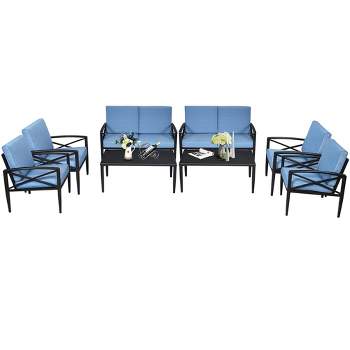 Costway 8PCS Patio Furniture Set Aluminum Frame Cushioned Sofa Chair Coffee Table Blue