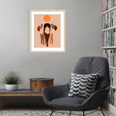 Abstract Women Unity Orange Sun Wood Framed Wall Art Print