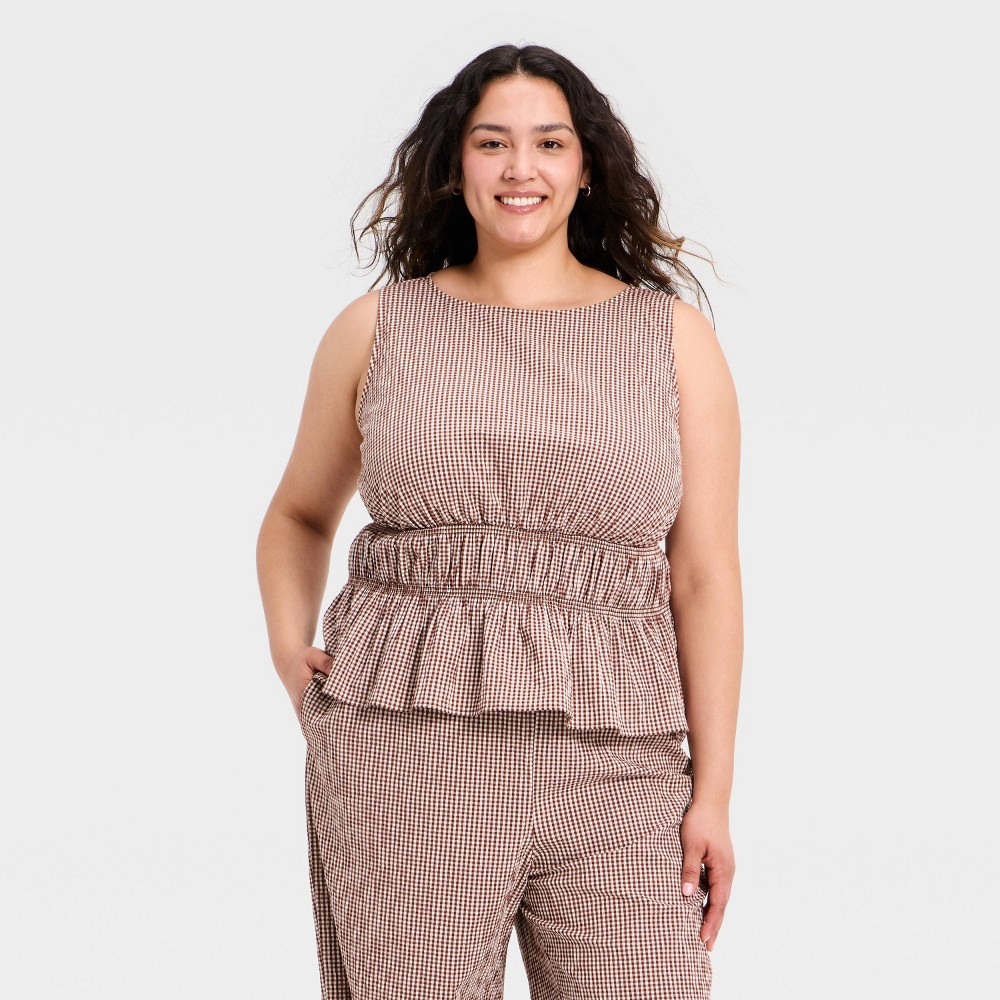 Women's Seersucker Peplum Top - A New Day™ Brown Gingham 1X
