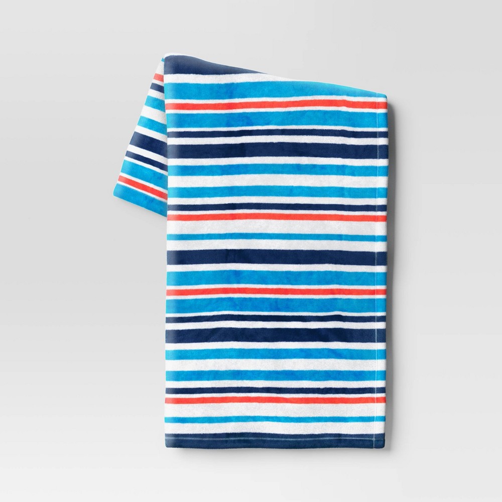 Photos - Duvet Beachy Striped Printed Plush Throw Blanket White - Sun Squad™