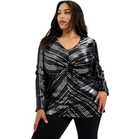 June + Vie by Roaman's Women's Plus Size Striped Sequin Faux Wrap Top -  18/20, Black