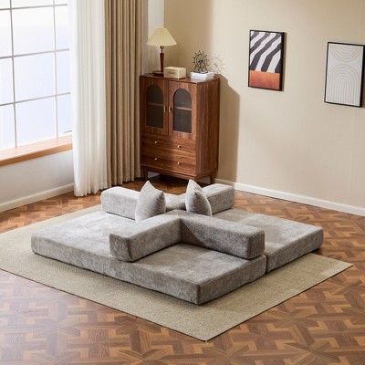 Whisen Sectional Compression Sofa Bed & Floor Futon Couch with Convertible Folding Design, Pillows and Armrests