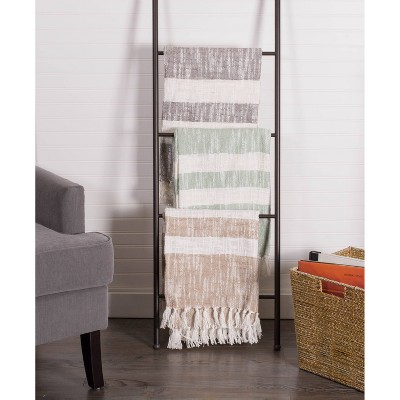 Mint and White Cotton Striped Throw Blanket with Fringe