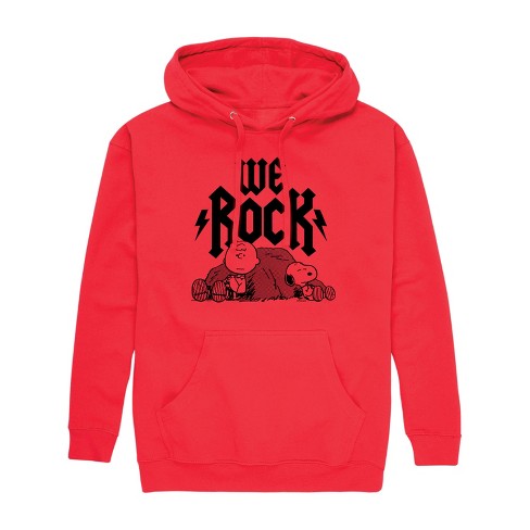 Men s Peanuts We Rock Charlie Brown And Snoopy Graphic Fleece Pullover Hoodie Red Large Target