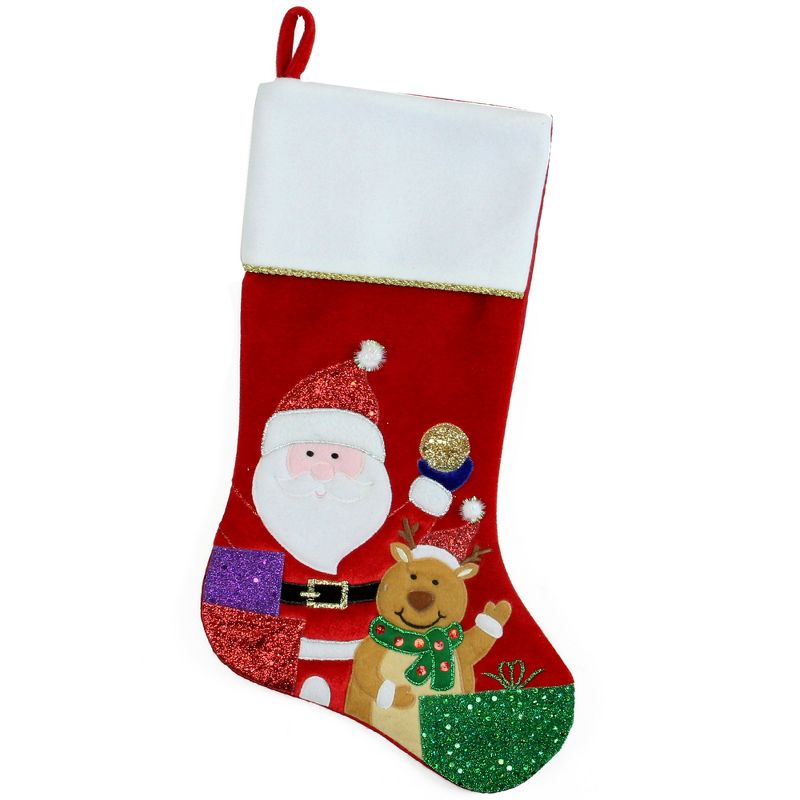 Northlight 20.5" Red and White Glittered Santa Claus and Reindeer Christmas Stocking, 1 of 5