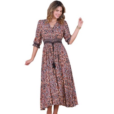 INSPIRE CHIC Women's Boho V-Neck 3/4 Sleeves Smocked Waist Floral Maxi Dresses