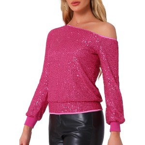 Allegra K Women's Sequin Party Sparkly Glitter Long Sleeve Off Shoulder Top - 1 of 4