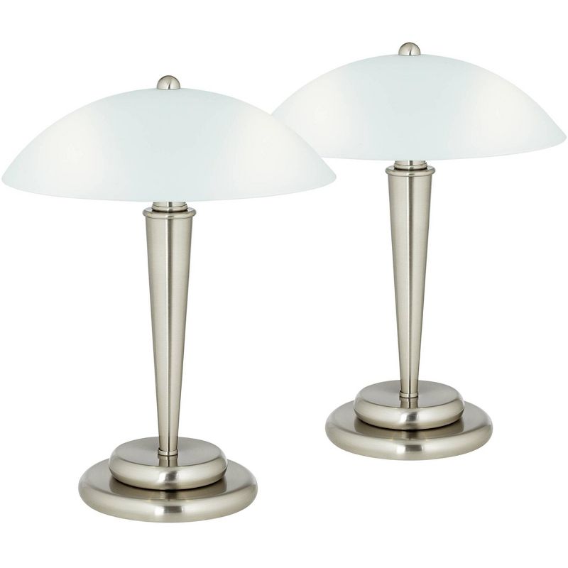 360 Lighting Deco Modern Accent Table Lamps 17" High Set of 2 Brushed Steel Touch On Off White Glass Dome Shade for Bedroom Bedside Nightstand Office, 1 of 7