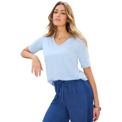 Roaman's Women's Plus Size Flutter Sleeve Linen Blend Tee
