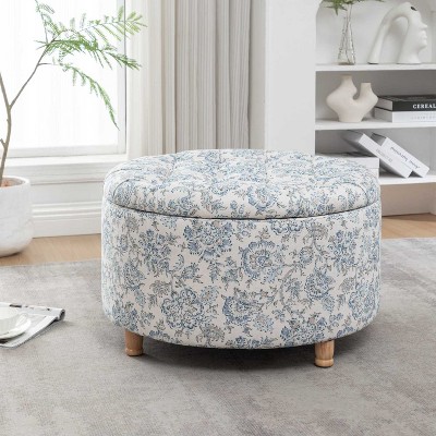 Wovenbyrd Prescott 28" Large Round Pintucked Storage Ottoman with Lift off lid