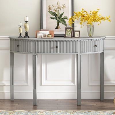Distinctive Features of Pine Veneer Console Table with Vertical Stripe Drawer Fronts and Four Legs