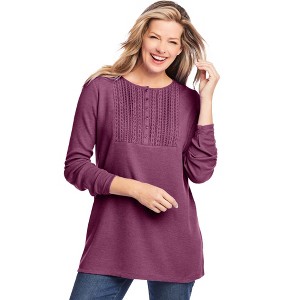 Woman Within Women's Plus Size Washed Thermal Lace Bib Henley Tee - 1 of 4