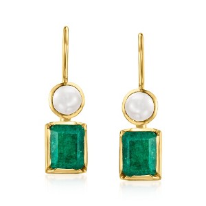 Ross-Simons 4.5-5mm Cultured Pearl and 3.90 ct. t.w. Emerald Drop Earrings in 18kt Gold Over Sterling - 1 of 4