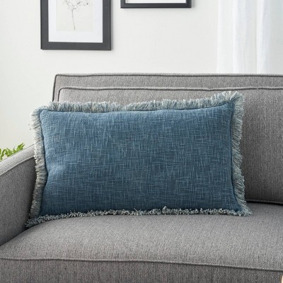 Navy Stonewash Fringed Cotton 14" x 24" Throw Pillow