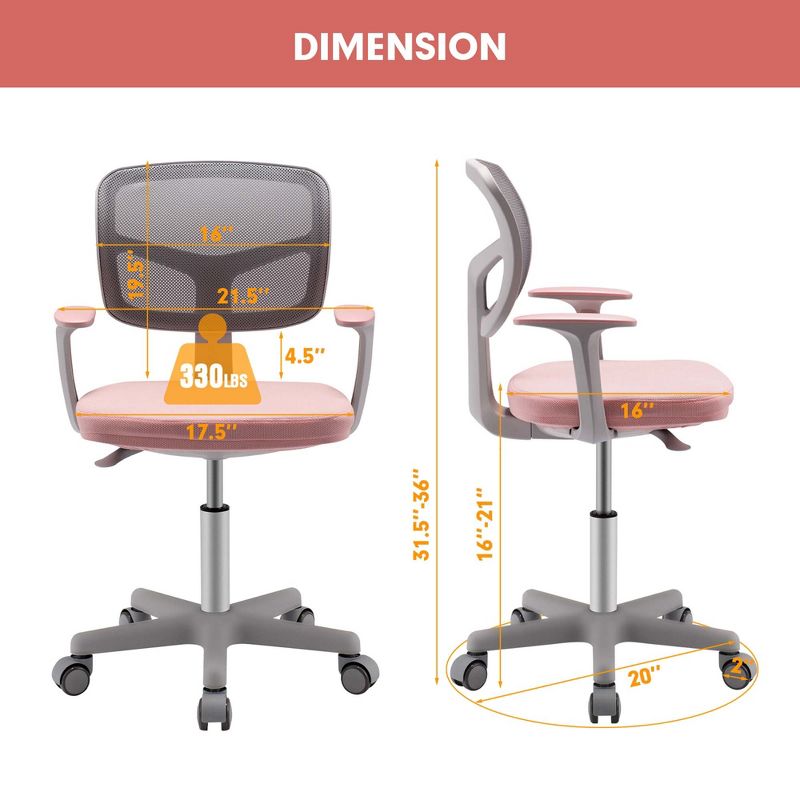 Costway Kids Desk Chair Adjustable Height Children Study Chair w/Auto Brake Casters Blue / Pink, 3 of 10